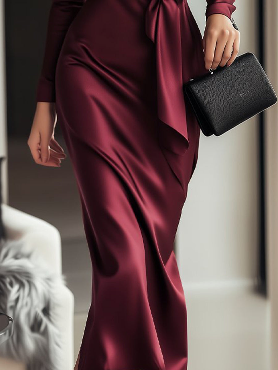 Sana™ | Abito avvolgente in satin bordeaux senza tempo con dettaglio in vita